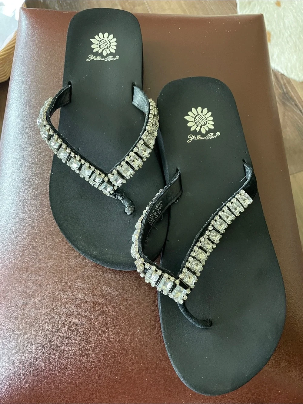 Yellow Box Black Embellished Rhinestone Flip Flops 7.5